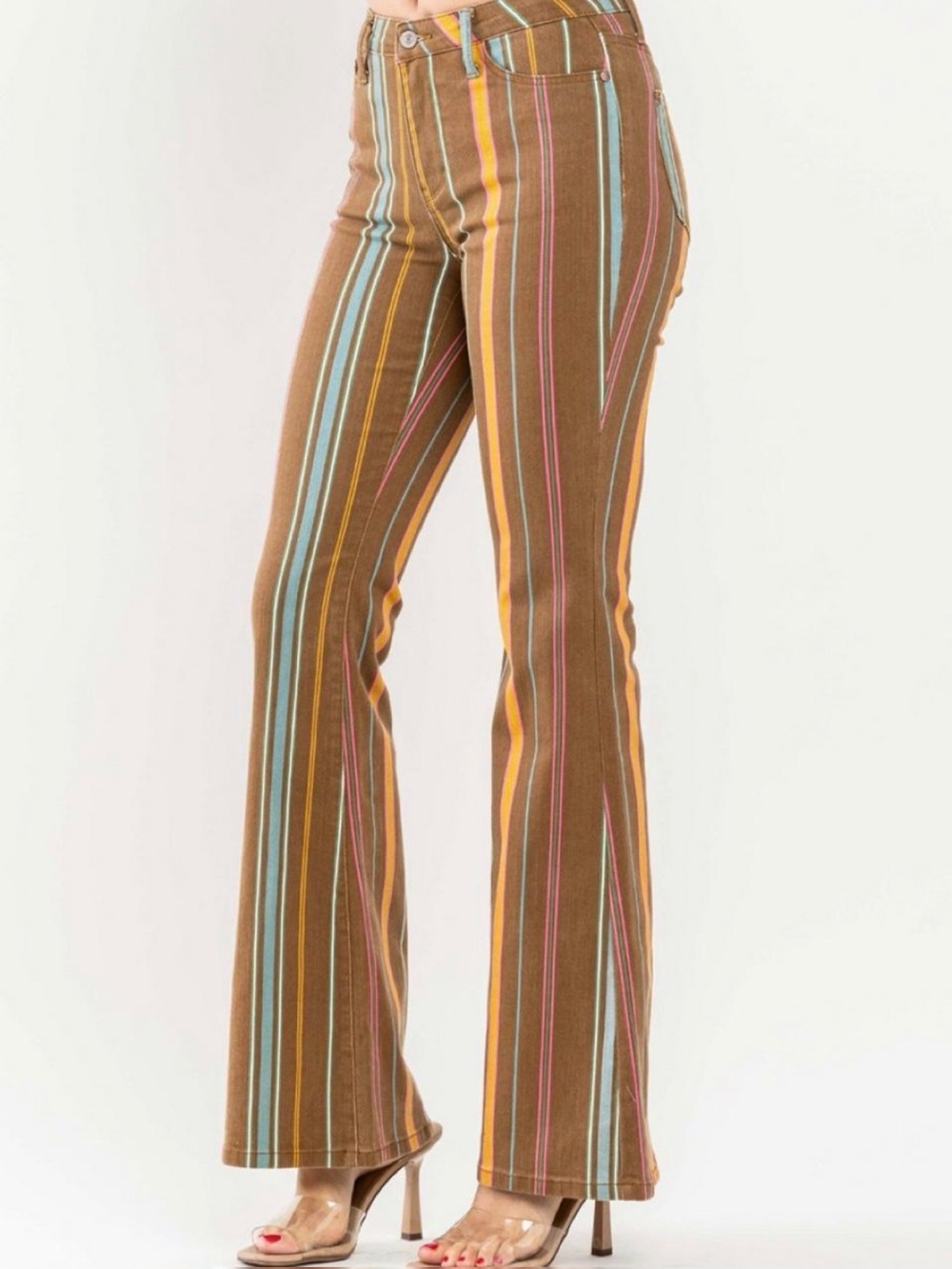 Judy Blue Brown Flare Jeans with Multi-Stripe